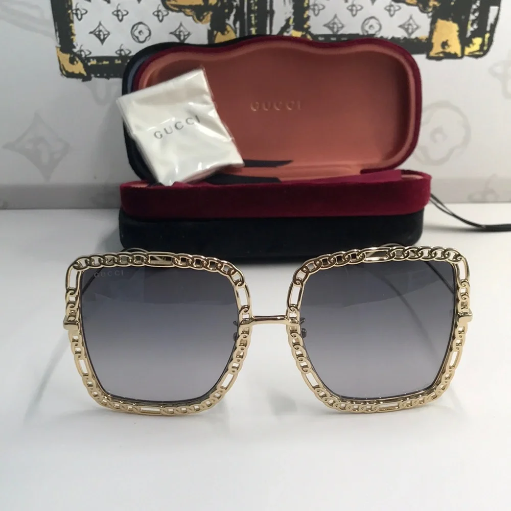 New Authentic Gucci Sunglasses Women's GG1033S 002 Gold Necklace Chain 57-21-215